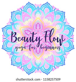 Yoga card, flyer, poster, mat design. Colorful template for spiritual retreat or yoga studio. Ornamental business cards, oriental pattern. Vector illustration