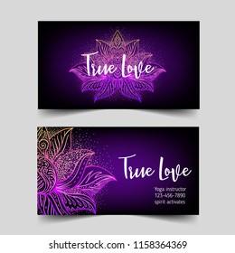 Yoga card, flyer, poster, mat design. Colorful template for spiritual retreat or yoga studio. Ornamental business cards, oriental pattern. Vector illustration