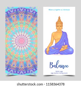  Yoga card, flyer, poster, mat design. Colorful template for spiritual retreat or yoga studio. Ornamental business cards, oriental pattern. Vector illustration