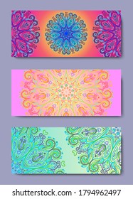 Yoga card, flyer, poster, mat design. Colorful template for spiritual retreat or yoga studio. Ornamental business cards, oriental pattern. Vector illustration
