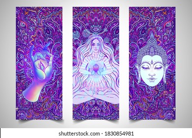 Yoga card, flyer, poster, mat design. Colorful template for spiritual retreat or yoga studio. Ornamental business cards, oriental pattern. Vector illustration