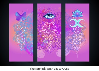 Yoga card, flyer, poster, mat design. Colorful template for spiritual retreat or yoga studio. Ornamental business cards, oriental pattern. Vector illustration