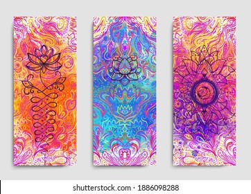 Yoga card, flyer, poster, mat design. Colorful design template for spiritual retreat or yoga studio. Ornamental business cards, oriental pattern. Vector illustration.