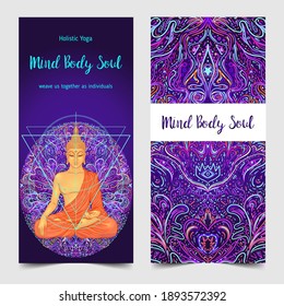 Yoga card, flyer, poster, mat design. Colorful design template for spiritual retreat or yoga studio. Ornamental business cards, oriental pattern. Vector illustration.
