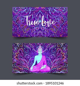 Yoga card, flyer, poster, mat design. Colorful design template for spiritual retreat or yoga studio. Ornamental business cards, oriental pattern. Vector illustration.