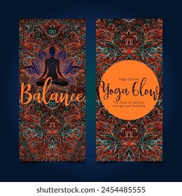 Yogakarte, Flyer, Poster, Mattendesign. Bunte Vorlage für spirituellen Rückzug oder Yogastudio. Ornamentale Visitenkarten, orientalisches Muster. Vektorillustration