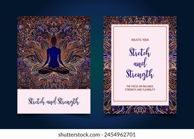 Yoga card, flyer, poster, mat design. Colorful template for spiritual retreat or yoga studio. Ornamental business cards, oriental pattern. Vector illustration