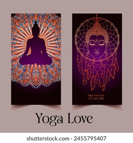 Yoga card, flyer, poster, mat design. Colorful template for spiritual retreat or yoga studio. Ornamental business cards, oriental pattern. Vector illustration