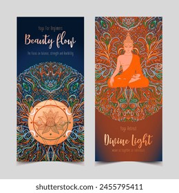 Yoga card, flyer, poster, mat design. Colorful template for spiritual retreat or yoga studio. Ornamental business cards, oriental pattern. Vector illustration