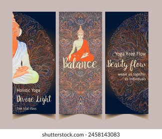 Yogakarte, Flyer, Poster, Mattendesign. Bunte Vorlage für spirituellen Rückzug oder Yogastudio. Ornamentale Visitenkarten, orientalisches Muster. Vektorillustration