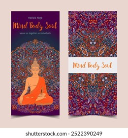 Yoga card, flyer, poster, mat design. Colorful template for spiritual retreat or yoga studio. Ornamental business cards, oriental pattern. Vector illustration