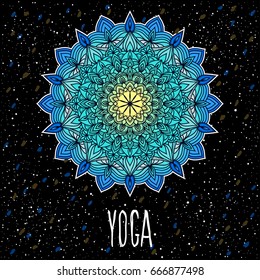 Yoga card template. Hand drawn oriental ornamental ethnic lace round mandala for t shirt design, vintage card, party invitation, yoga poster,  brochures, gift album, scrapbook etc
