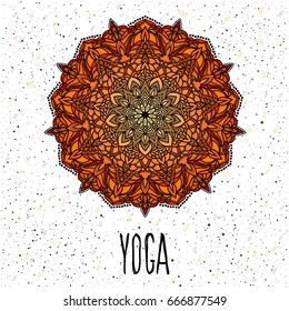 Yoga card template. Hand drawn oriental ornamental ethnic lace round mandala for t shirt design, vintage card, party invitation, yoga poster,  brochures, gift album, scrapbook etc