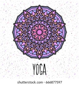 Yoga card template. Hand drawn oriental ornamental ethnic lace round mandala for t shirt design, vintage card, party invitation, yoga poster,  brochures, gift album, scrapbook etc