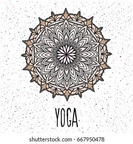 Yoga card template. Hand drawn oriental ornamental ethnic lace round mandala for t shirt design, vintage card, party invitation, yoga poster,  brochures, gift album, scrapbook etc