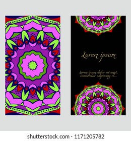 Yoga card template with mandala pattern. For business card, fitness center, meditation class. Vector illustration