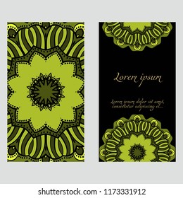 Yoga card template with mandala pattern. For business card, fitness center, meditation class. Vector illustration