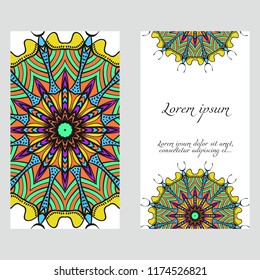 Yoga card template with mandala pattern. For business card, fitness center, meditation class. Vector illustration
