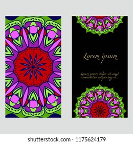 Yoga card template with mandala pattern. For business card, fitness center, meditation class. Vector illustration