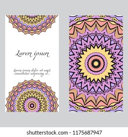 Yoga card template with mandala pattern. For business card, fitness center, meditation class. Vector illustration