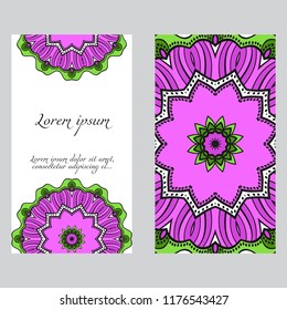 Yoga card template with mandala pattern. For business card, fitness center, meditation class. Vector illustration