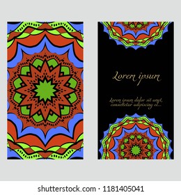 Yoga card template with mandala pattern. For business card, fitness center, meditation class. Vector illustration