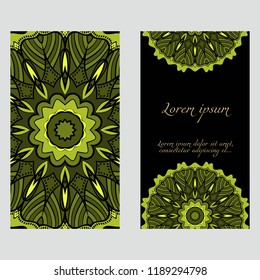Yoga card template with mandala pattern. For business card, fitness center, meditation class. Vector illustration