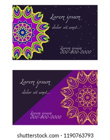 Yoga card template with mandala pattern. For business card, fitness center, meditation class. Vector illustration
