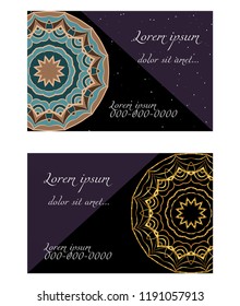 Yoga card template with mandala pattern. For business card, fitness center, meditation class. Vector illustration