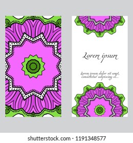 Yoga card template with mandala pattern. For business card, fitness center, meditation class. Vector illustration