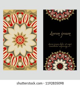 Yoga card template with mandala pattern. For business card, fitness center, meditation class. Vector illustration