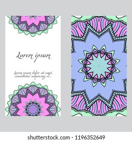 Yoga card template with mandala pattern. For business card, fitness center, meditation class. Vector illustration