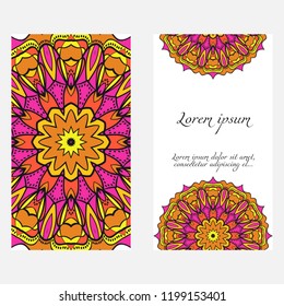 Yoga card template with mandala pattern. For business card, fitness center, meditation class. Vector illustration