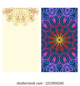 Yoga card template with mandala pattern. For business card, fitness center, meditation class. Vector illustration