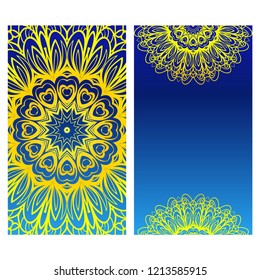 Yoga card template with mandala pattern. For business card, fitness center, meditation class. Vector illustration