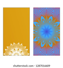Yoga Card Template With Mandala Pattern. Vector illustration. Blue, yellow, white color. For Visit Card, Business, Greeting Card Invitation. Islam, Arabic, Indian, Mexican Ottoman Motifs