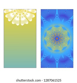 Yoga Card Template With Mandala Pattern. Vector illustration. Blue, yellow, white color. For Visit Card, Business, Greeting Card Invitation. Islam, Arabic, Indian, Mexican Ottoman Motifs