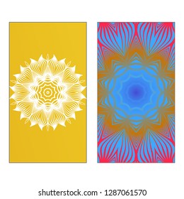 Yoga Card Template With Mandala Pattern. Vector illustration. Blue, yellow, white color. For Visit Card, Business, Greeting Card Invitation. Islam, Arabic, Indian, Mexican Ottoman Motifs