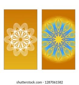Yoga Card Template With Mandala Pattern. Vector illustration. Blue, yellow, white color. For Visit Card, Business, Greeting Card Invitation. Islam, Arabic, Indian, Mexican Ottoman Motifs