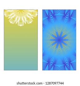 Yoga Card Template With Mandala Pattern. Vector illustration. Blue, yellow, white color. For Visit Card, Business, Greeting Card Invitation. Islam, Arabic, Indian, Mexican Ottoman Motifs
