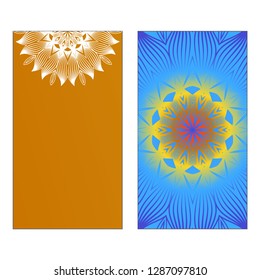 Yoga Card Template With Mandala Pattern. Vector illustration. Blue, yellow, white color. For Visit Card, Business, Greeting Card Invitation. Islam, Arabic, Indian, Mexican Ottoman Motifs