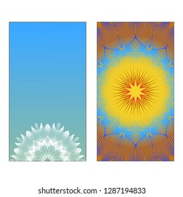 Yoga Card Template With Mandala Pattern. Vector illustration. Blue, yellow, white color. For Visit Card, Business, Greeting Card Invitation. Islam, Arabic, Indian, Mexican Ottoman Motifs
