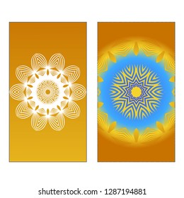 Yoga Card Template With Mandala Pattern. Vector illustration. Blue, yellow, white color. For Visit Card, Business, Greeting Card Invitation. Islam, Arabic, Indian, Mexican Ottoman Motifs