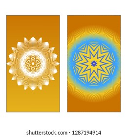 Yoga Card Template With Mandala Pattern. Vector illustration. Blue, yellow, white color. For Visit Card, Business, Greeting Card Invitation. Islam, Arabic, Indian, Mexican Ottoman Motifs