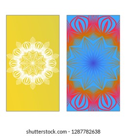 Yoga Card Template With Mandala Pattern. Vector illustration. Blue, yellow, white color. For Visit Card, Business, Greeting Card Invitation. Islam, Arabic, Indian, Mexican Ottoman Motifs