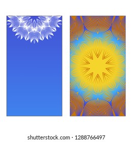 Yoga Card Template With Mandala Pattern. Vector illustration. Blue, yellow, white color. For Visit Card, Business, Greeting Card Invitation. Islam, Arabic, Indian, Mexican Ottoman Motifs