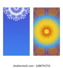 Yoga Card Template With Mandala Pattern. Vector illustration. Blue, yellow, white color. For Visit Card, Business, Greeting Card Invitation. Islam, Arabic, Indian, Mexican Ottoman Motifs