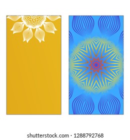 Yoga Card Template With Mandala Pattern. Vector illustration. Blue, yellow, white color. For Visit Card, Business, Greeting Card Invitation. Islam, Arabic, Indian, Mexican Ottoman Motifs
