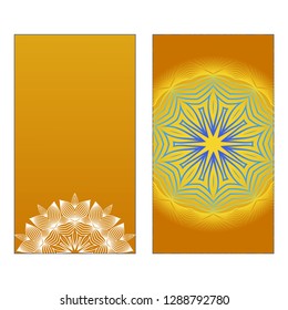 Yoga Card Template With Mandala Pattern. Vector illustration. Blue, yellow, white color. For Visit Card, Business, Greeting Card Invitation. Islam, Arabic, Indian, Mexican Ottoman Motifs