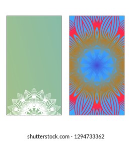 Yoga Card Template With Mandala Pattern. Vector illustration. Blue, yellow, white color. For Visit Card, Business, Greeting Card Invitation. Islam, Arabic, Indian, Mexican Ottoman Motifs